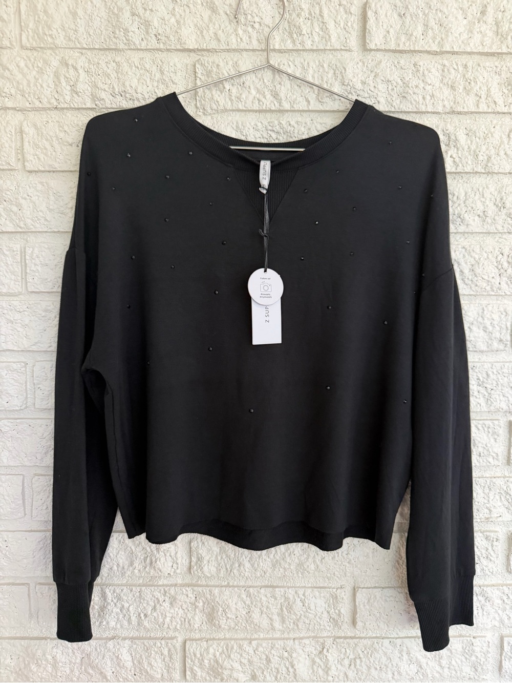Z Supply Black Crewneck Lightweight Sweatshirt with Subtle Rhinestones